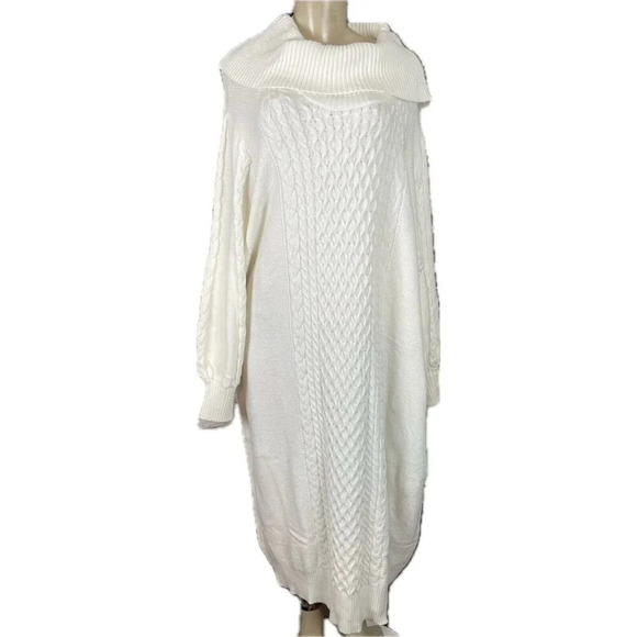 Roaman's +30/32 Eggshell Textured Detail Cowl Neckline Long Sleeve Sweater Dress - Picture 2 of 6